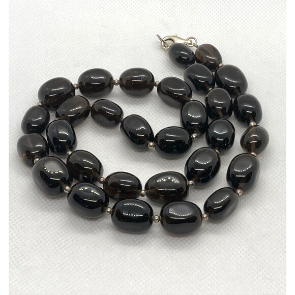 Brown Polished Smoky Quartz Beaded 24'' Necklace Sterling 925 Silver Clasp 130g - Picture 2 of 8